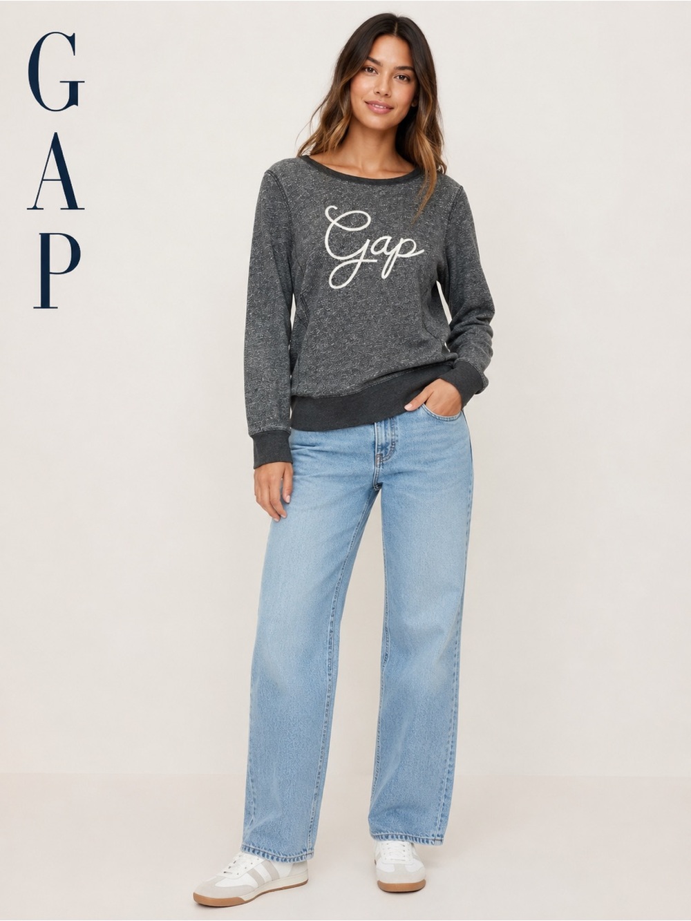Gap Logo Script Pullover Sweater Gray Women's Size M Y2K Preppy